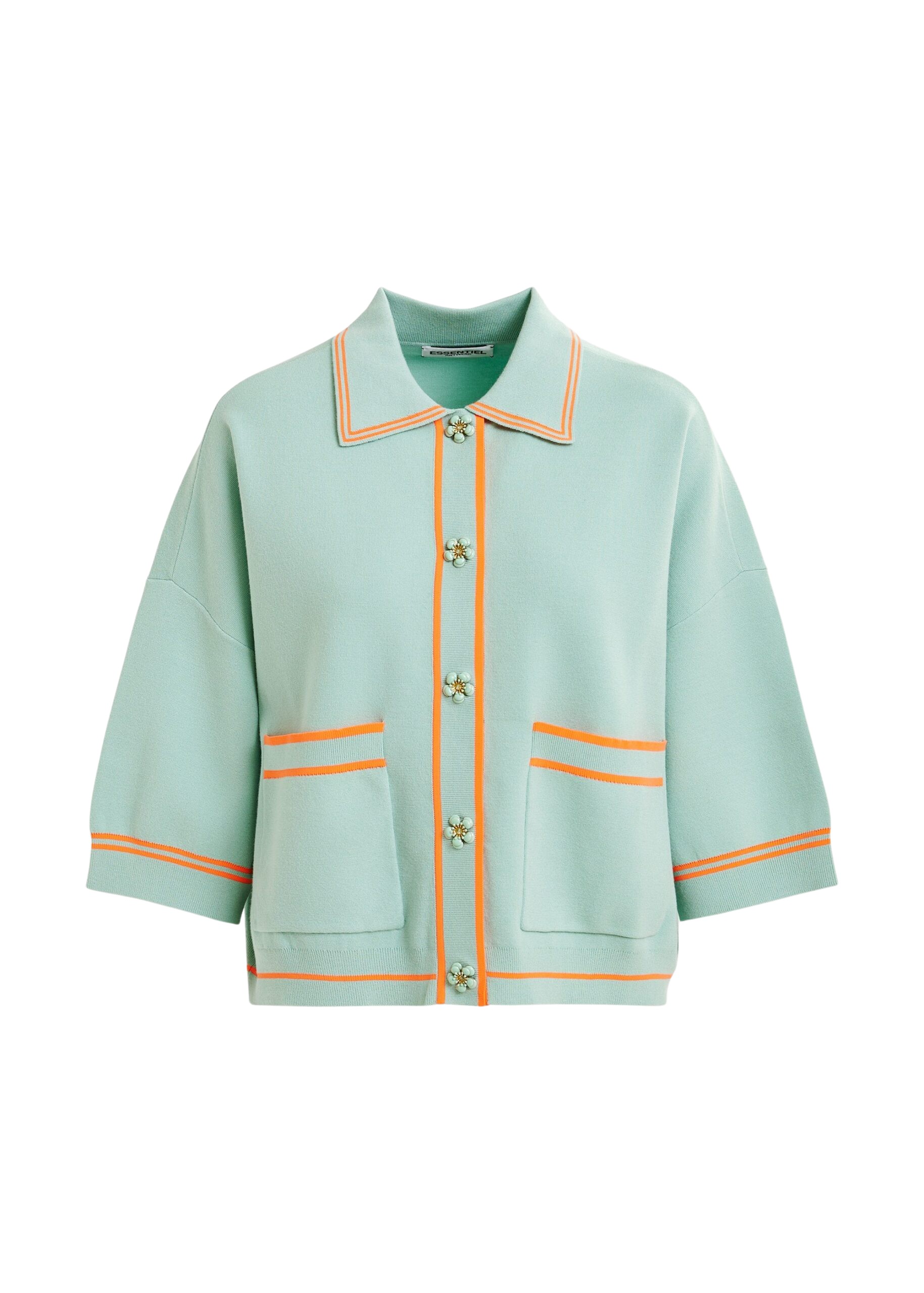 Essentiel Antwerp Light blue and orange knit cardigan with flower buttons and contrasting trims - Essentiel Antwerp Knitwear - Colorful Belgian Design - Shop at Coveti