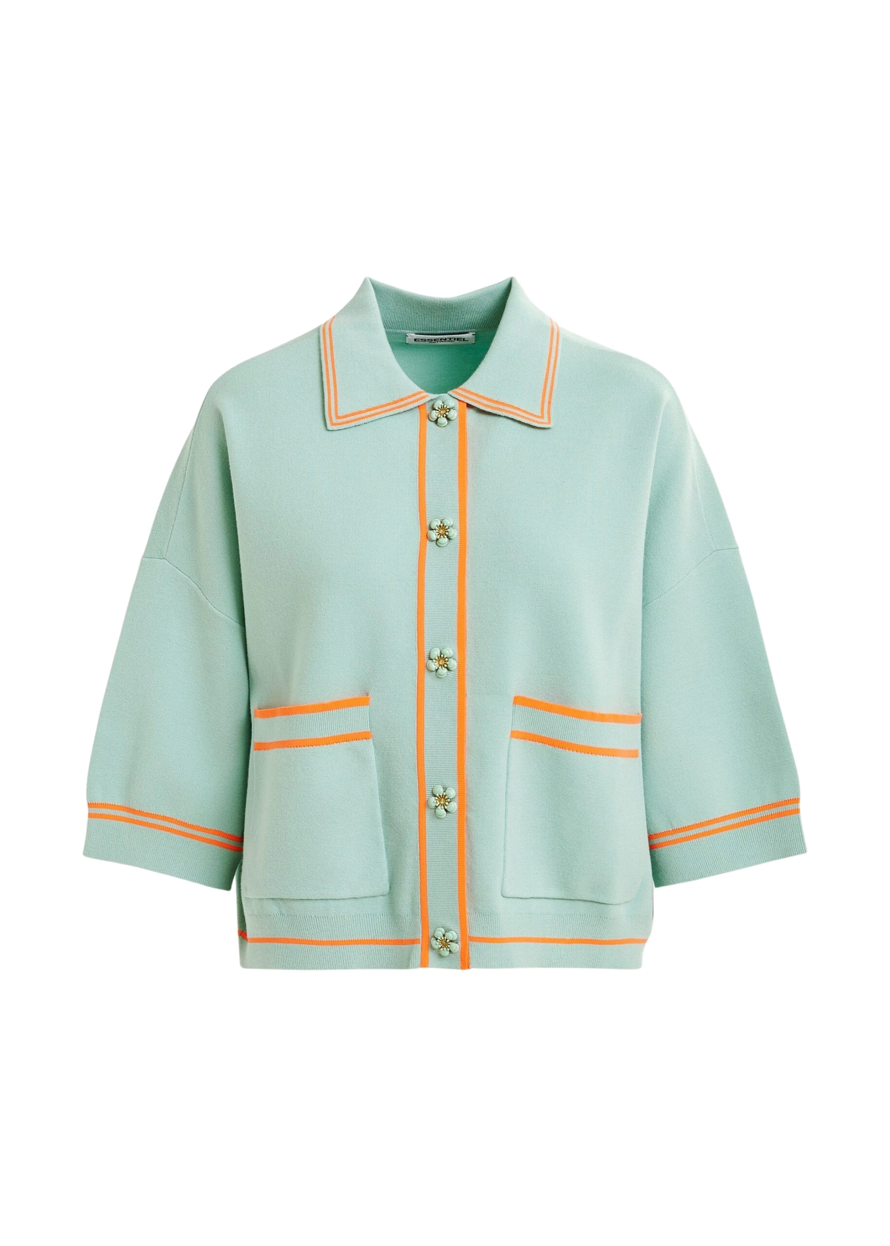 Light-blue-and-orange-knit-cardigan-with-flower-buttons-and-contrasting-trims-Essentiel-Antwerp-Knitwear-scaled39146_nobg Essentiel Antwerp Light blue and orange knit cardigan with flower buttons and contrasting trims - Essentiel Antwerp Knitwear - Colorful Belgian Design - Shop at Coveti