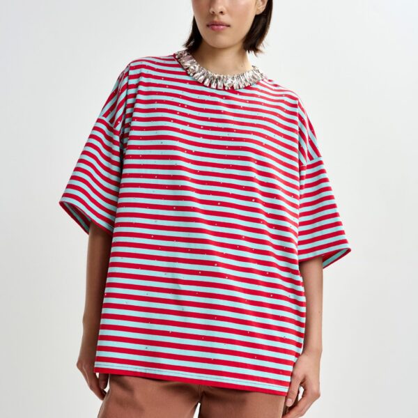 Essentiel Antwerp Light blue and red striped rhinestone-embellished oversized cotton T-shirt - Essentiel Antwerp Shirts - Colorful Belgian Design - Shop at Coveti