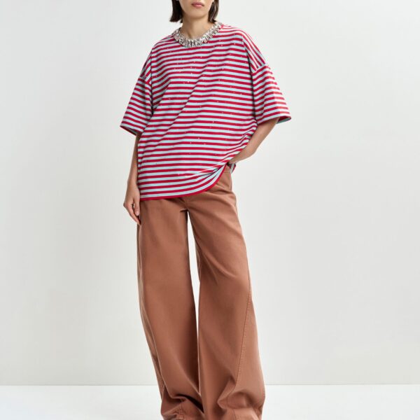 Essentiel Antwerp Light blue and red striped rhinestone-embellished oversized cotton T-shirt - Essentiel Antwerp Shirts - Colorful Belgian Design - Shop at Coveti