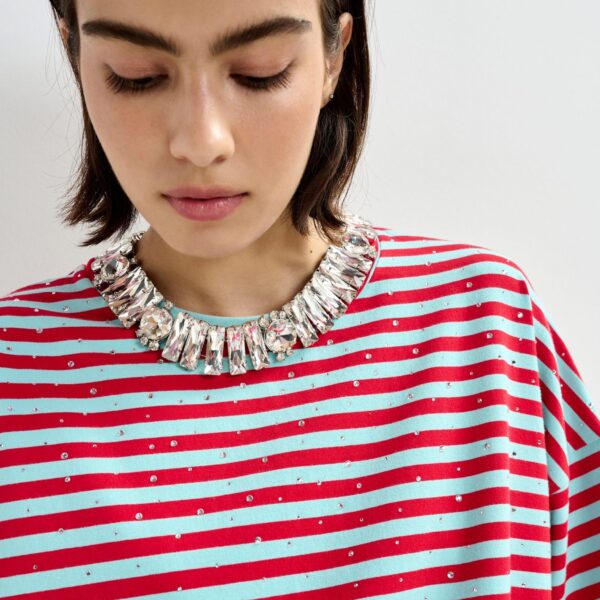 Essentiel Antwerp Light blue and red striped rhinestone-embellished oversized cotton T-shirt - Essentiel Antwerp Shirts - Colorful Belgian Design - Shop at Coveti