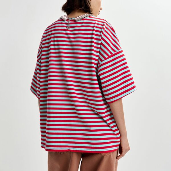 Essentiel Antwerp Light blue and red striped rhinestone-embellished oversized cotton T-shirt - Essentiel Antwerp Shirts - Colorful Belgian Design - Shop at Coveti