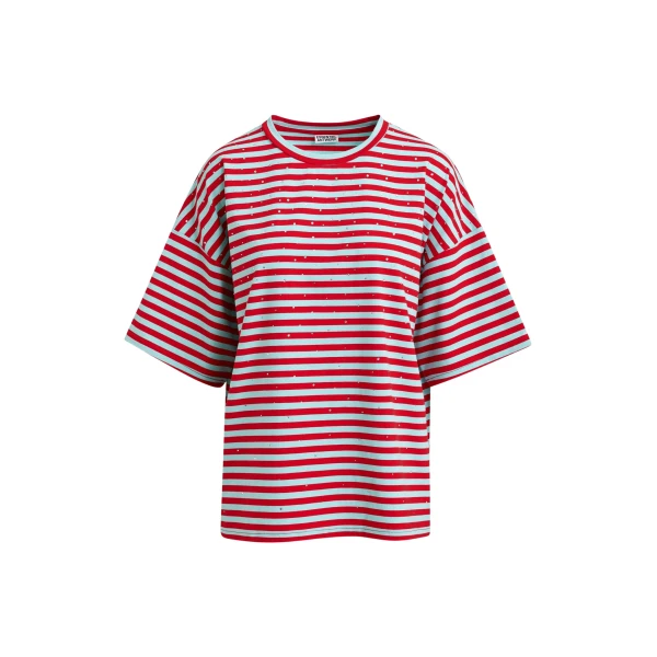 Essentiel Antwerp Light blue and red striped rhinestone-embellished oversized cotton T-shirt - Essentiel Antwerp Shirts - Colorful Belgian Design - Shop at Coveti