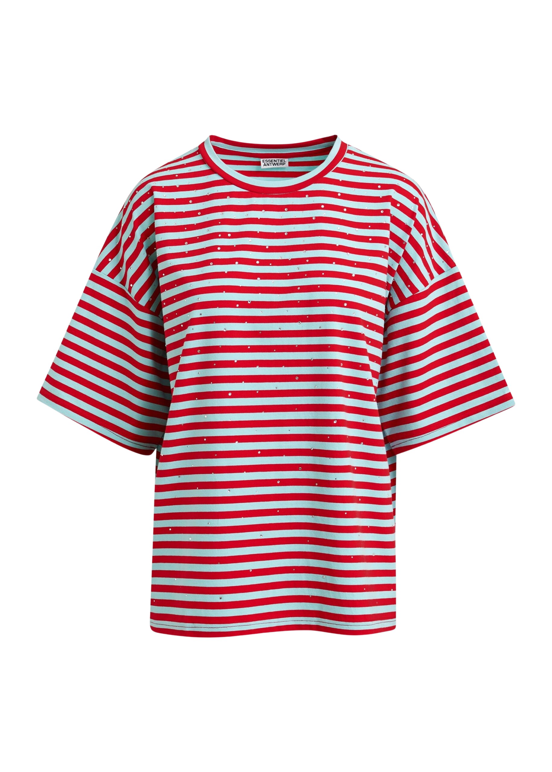 Essentiel Antwerp Light blue and red striped rhinestone-embellished oversized cotton T-shirt - Essentiel Antwerp Shirts - Colorful Belgian Design - Shop at Coveti
