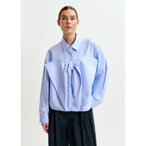 Essentiel Antwerp Light blue bow-detailed cotton-blend shirt, view 2