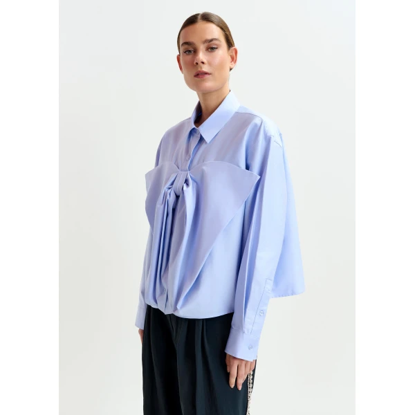 Essentiel Antwerp Light blue bow-detailed cotton-blend shirt, view 3