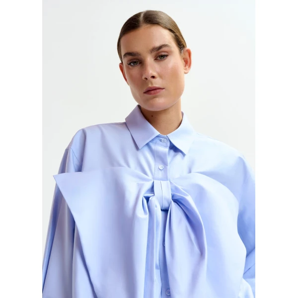 Essentiel Antwerp Light blue bow-detailed cotton-blend shirt, view 4