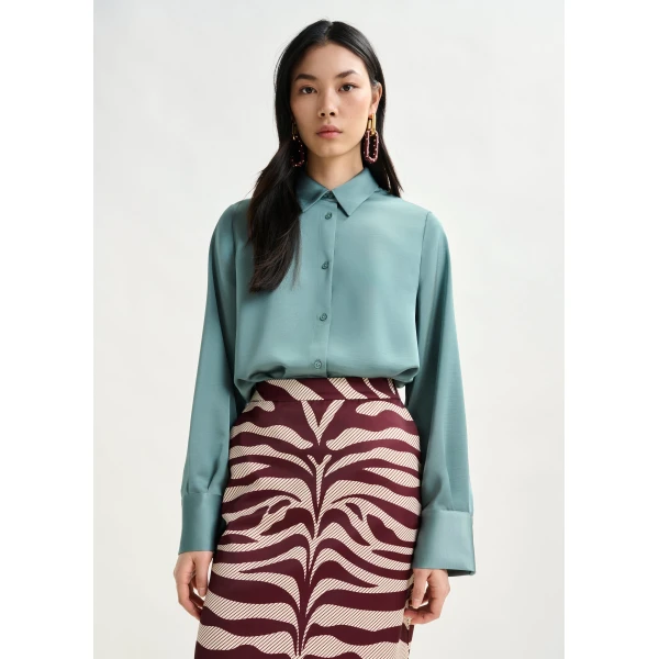 Essentiel Antwerp Light blue oversized satin shirt with button placket, view 2