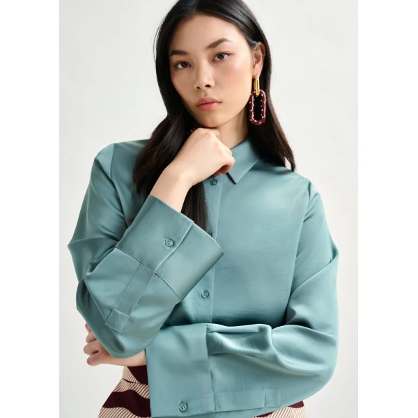 Essentiel Antwerp Light blue oversized satin shirt with button placket, view 3