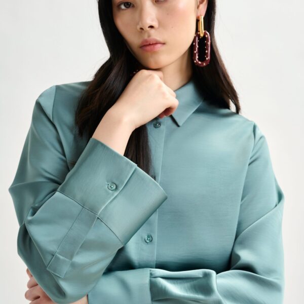 Essentiel Antwerp Light blue oversized satin shirt with button placket - Essentiel Antwerp Shirts - Colorful Belgian Design - Shop at Coveti