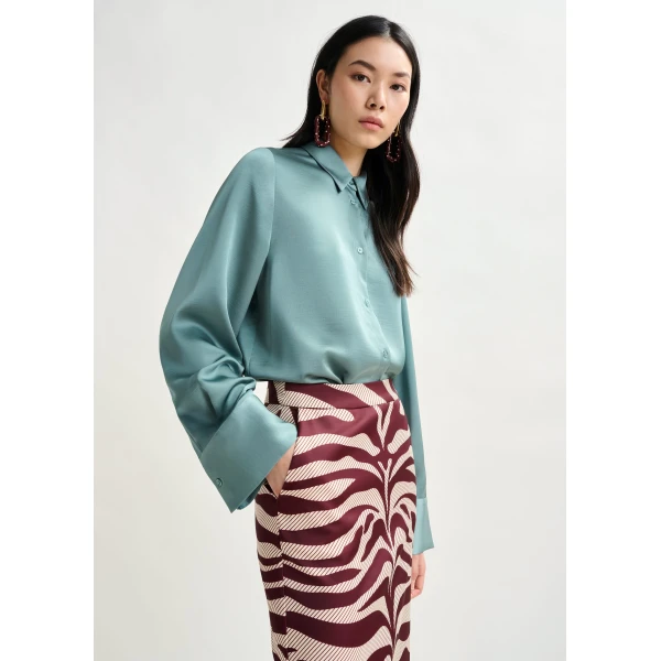 Essentiel Antwerp Light blue oversized satin shirt with button placket, view 4