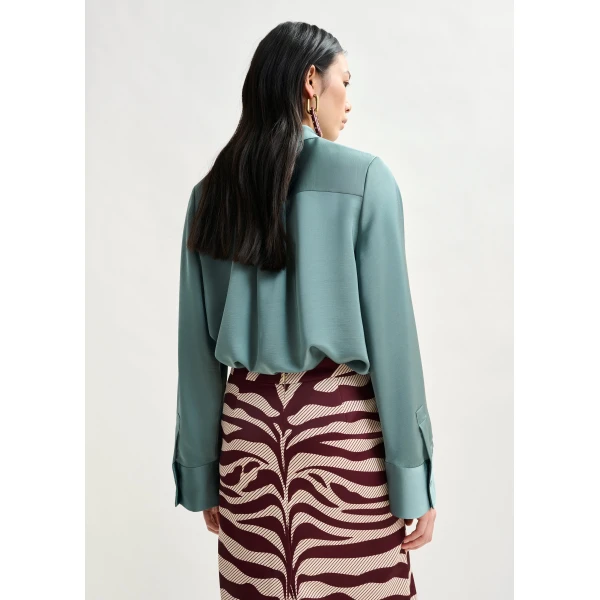 Essentiel Antwerp Light blue oversized satin shirt with button placket, view 5