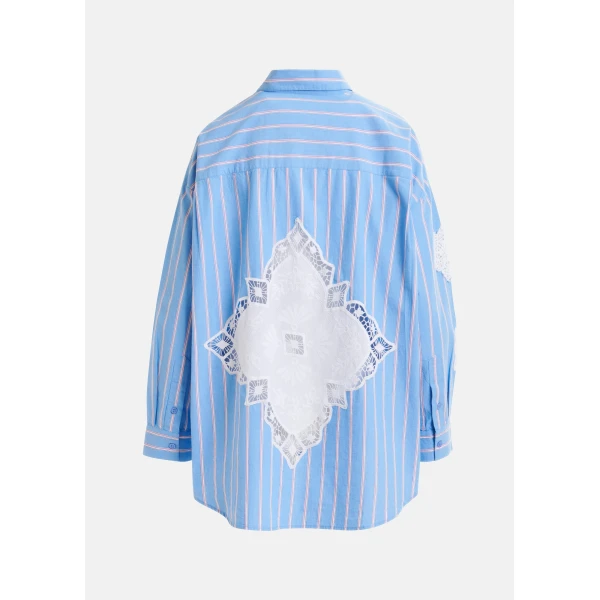 Essentiel Antwerp Light blue, red and white striped cotton shirt with lace patchwork, view 2
