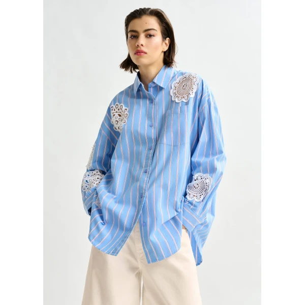 Essentiel Antwerp Light blue, red and white striped cotton shirt with lace patchwork, view 3
