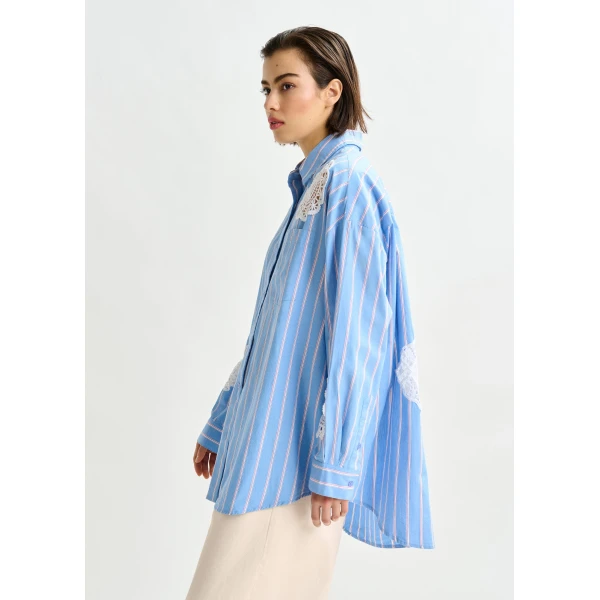 Essentiel Antwerp Light blue, red and white striped cotton shirt with lace patchwork, view 4