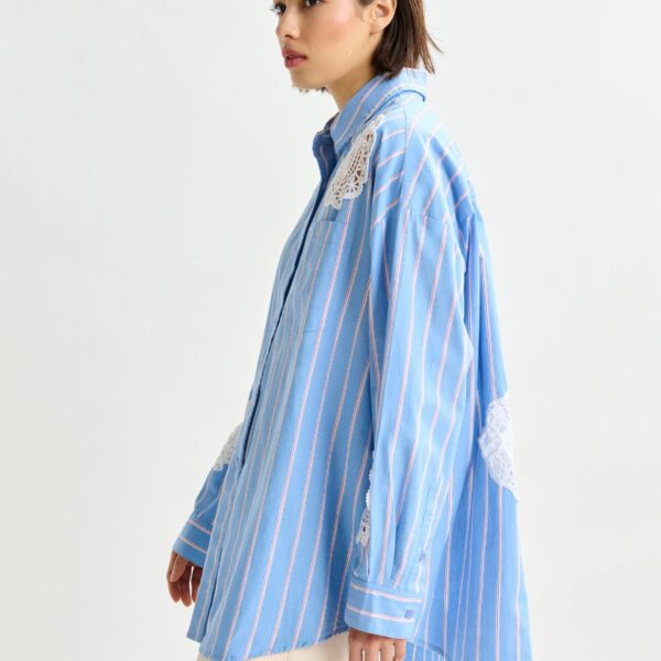 red and white striped cotton shirt with lace patchwork - Essentiel Antwerp Shirts - Colorful Belgian Design - Shop at Coveti