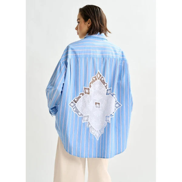 Essentiel Antwerp Light blue, red and white striped cotton shirt with lace patchwork, view 5