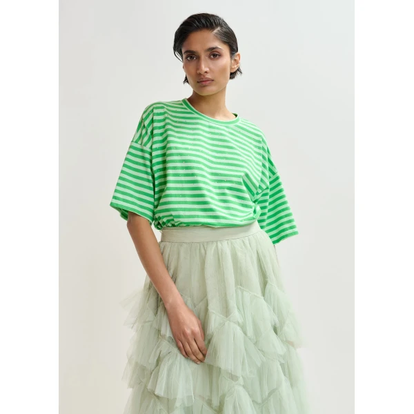 Essentiel Antwerp Light green and green striped rhinestone-embellished oversized cotton T-shirt Top, view 2