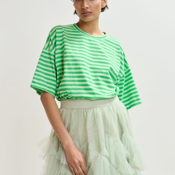 Essentiel Antwerp Light green and green striped rhinestone-embellished oversized cotton T-shirt - Essentiel Antwerp Shirts - Colorful Belgian Design - Shop at Coveti