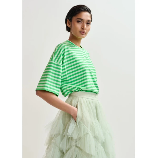 Essentiel Antwerp Light green and green striped rhinestone-embellished oversized cotton T-shirt Top, view 3