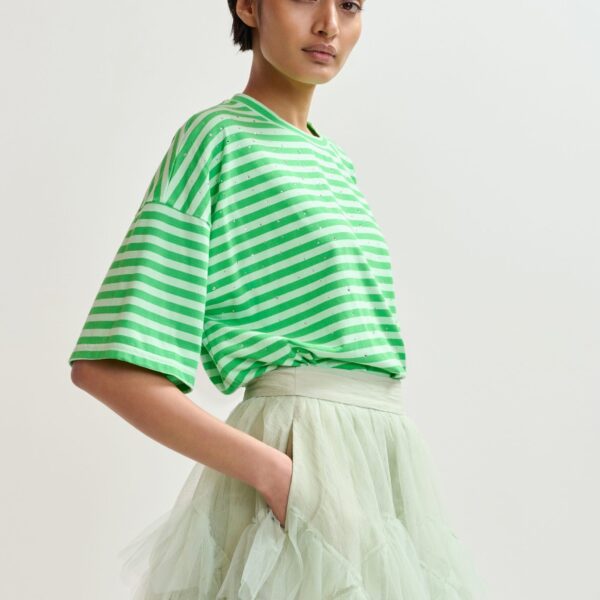Essentiel Antwerp Light green and green striped rhinestone-embellished oversized cotton T-shirt - Essentiel Antwerp Shirts - Colorful Belgian Design - Shop at Coveti