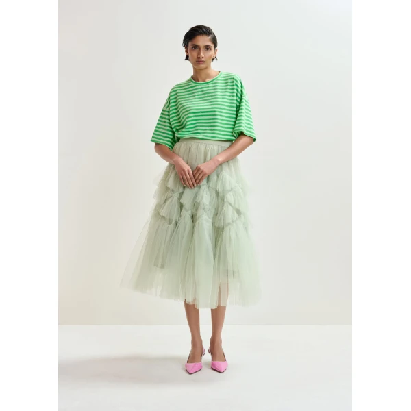 Essentiel Antwerp Light green and green striped rhinestone-embellished oversized cotton T-shirt Top, view 4