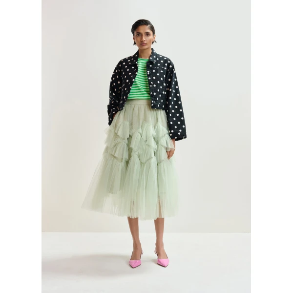 Essentiel Antwerp Light green and green striped rhinestone-embellished oversized cotton T-shirt Top, view 5