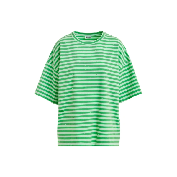 Essentiel Antwerp Light green and green striped rhinestone-embellished oversized cotton T-shirt - Essentiel Antwerp Shirts - Colorful Belgian Design - Shop at Coveti