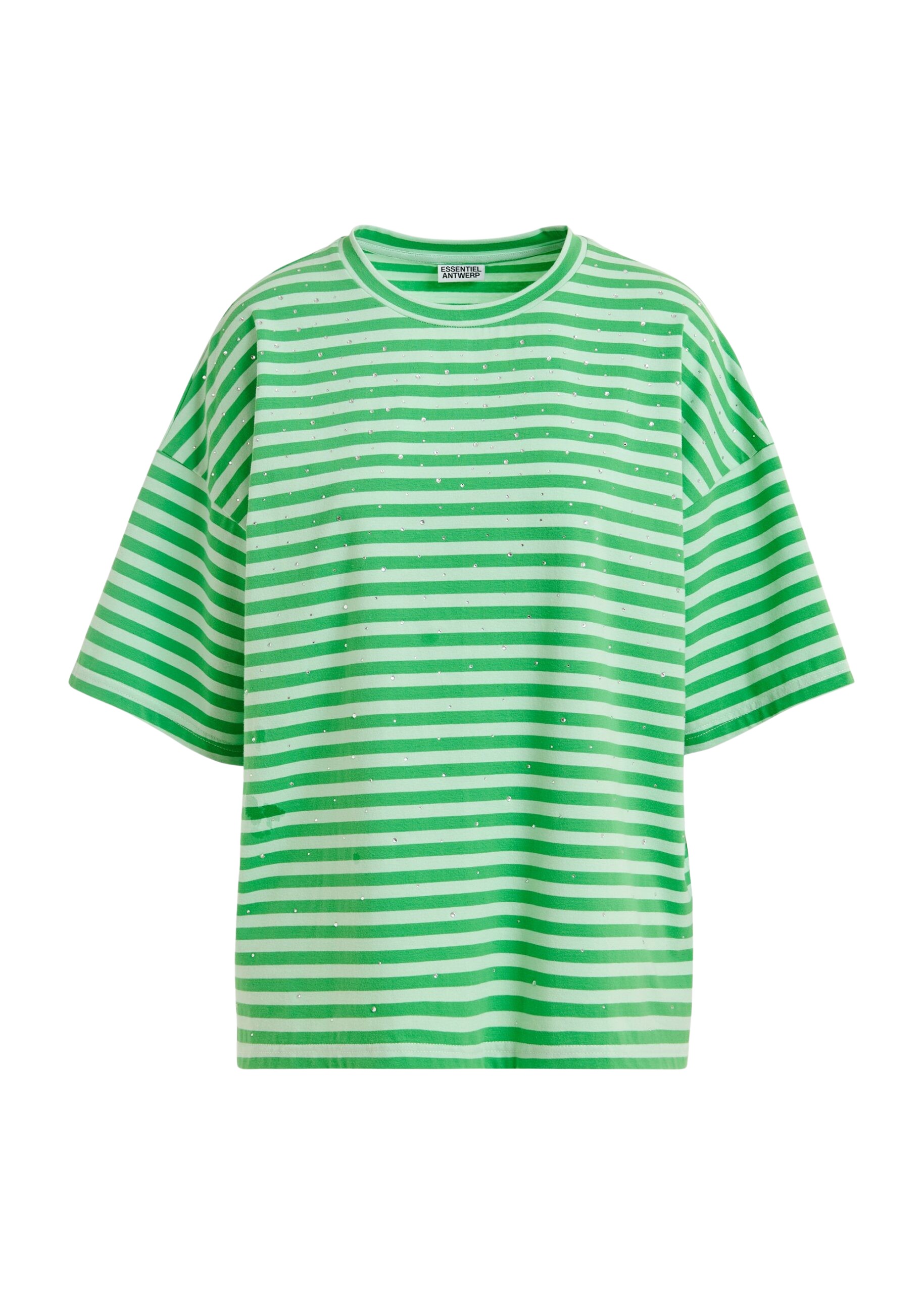 Essentiel Antwerp Light green and green striped rhinestone-embellished oversized cotton T-shirt - Essentiel Antwerp Shirts - Colorful Belgian Design - Shop at Coveti