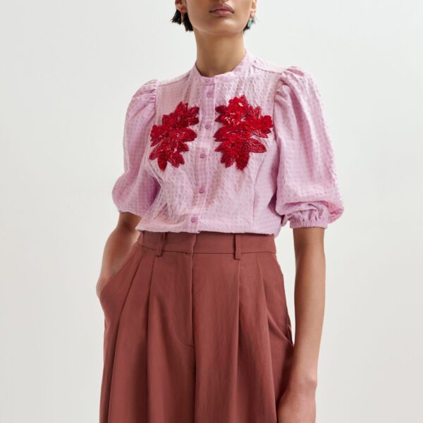 Essentiel Antwerp Light pink and red floral sequin and bead-embellished shirt with voluminous sleeves - Essentiel Antwerp Shirts - Colorful Belgian Design - Shop at Coveti
