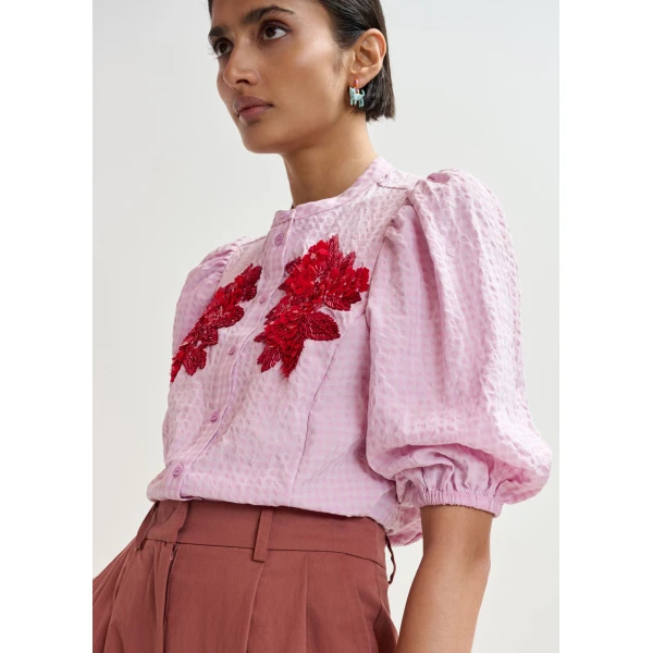 Essentiel Antwerp Light pink and red floral sequin and bead-embellished shirt with voluminous sleeves, view 3
