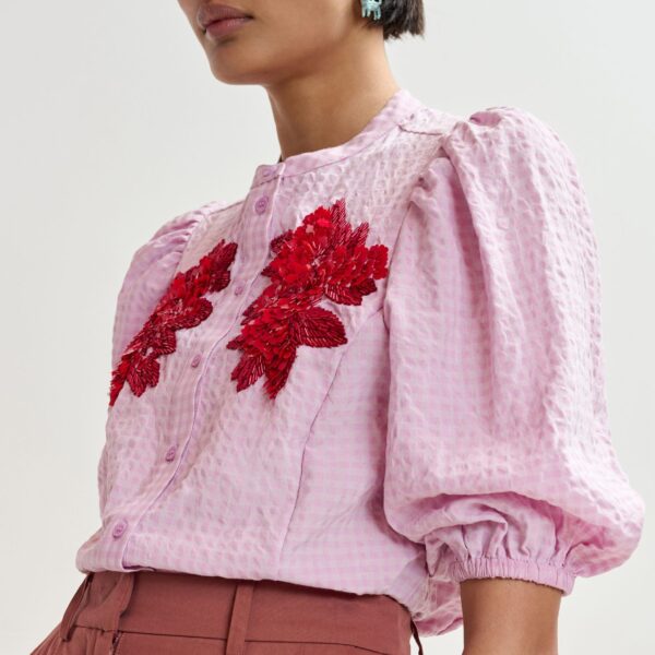 Essentiel Antwerp Light pink and red floral sequin and bead-embellished shirt with voluminous sleeves - Essentiel Antwerp Shirts - Colorful Belgian Design - Shop at Coveti