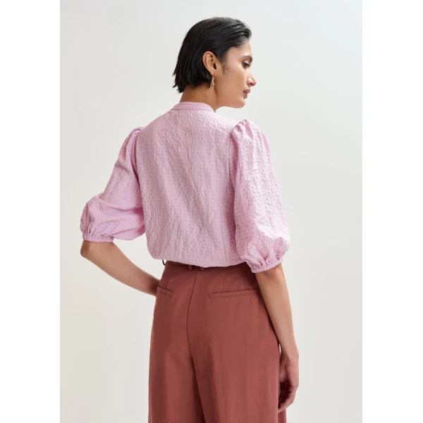 Essentiel Antwerp Light pink and red floral sequin and bead-embellished shirt with voluminous sleeves, view 4
