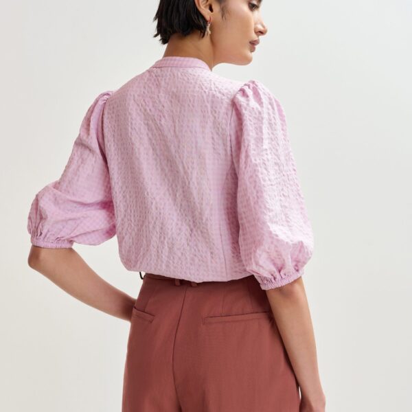 Essentiel Antwerp Light pink and red floral sequin and bead-embellished shirt with voluminous sleeves - Essentiel Antwerp Shirts - Colorful Belgian Design - Shop at Coveti