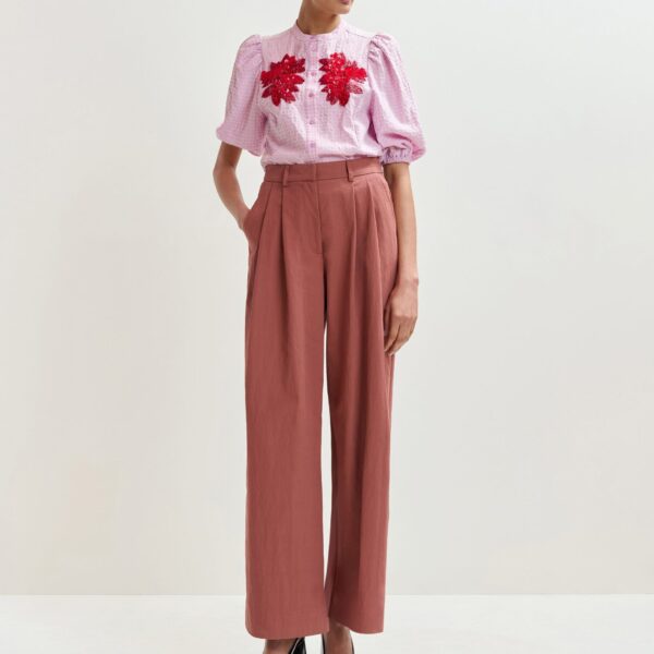 Essentiel Antwerp Light pink and red floral sequin and bead-embellished shirt with voluminous sleeves - Essentiel Antwerp Shirts - Colorful Belgian Design - Shop at Coveti