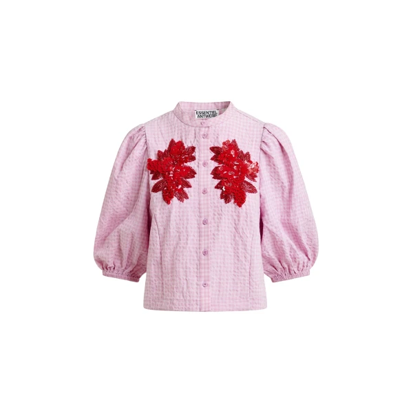 Essentiel Antwerp Light pink and red floral sequin and bead-embellished shirt with voluminous sleeves - Essentiel Antwerp Shirts - Colorful Belgian Design - Shop at Coveti