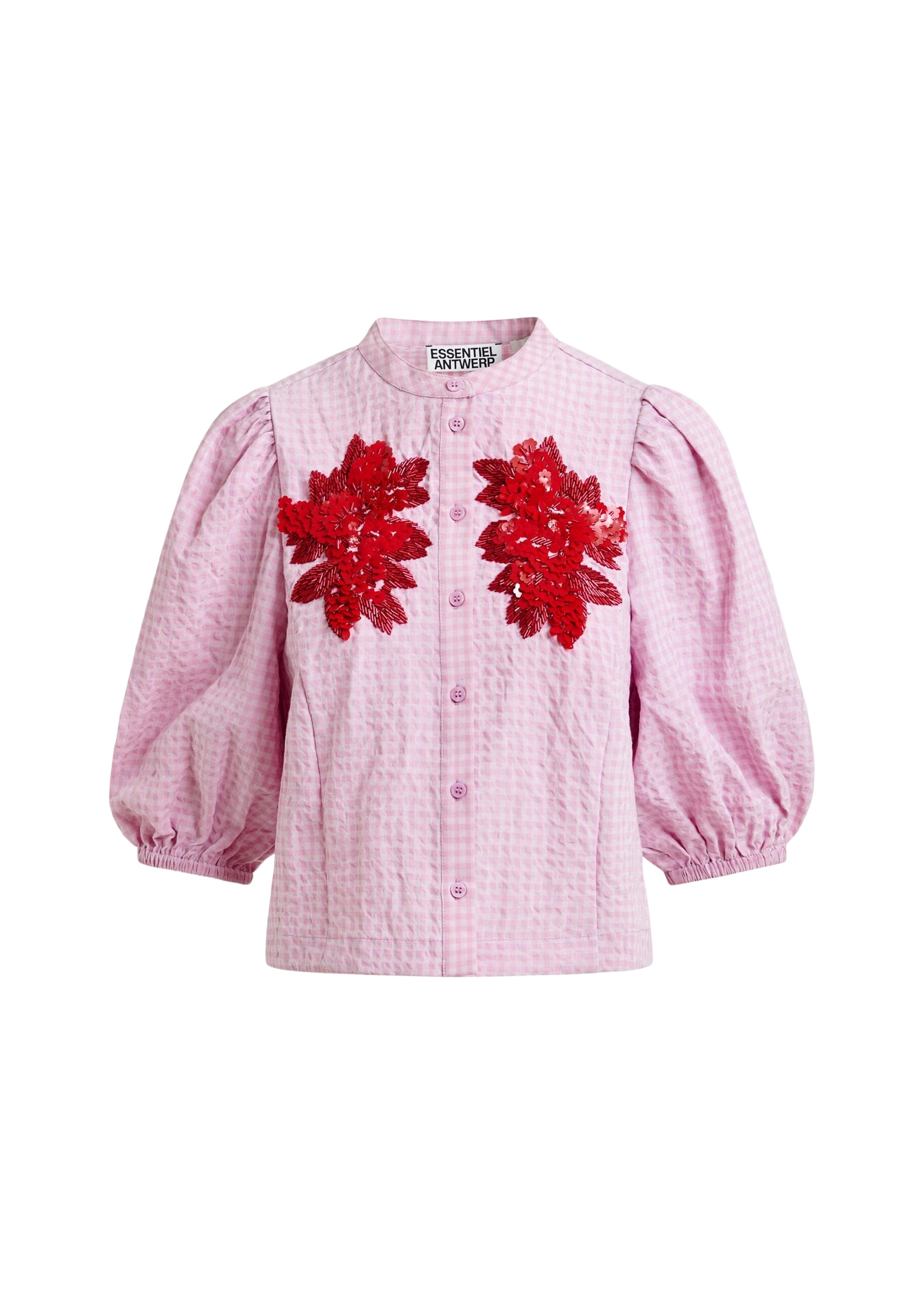 Essentiel Antwerp Light pink and red floral sequin and bead-embellished shirt with voluminous sleeves - Essentiel Antwerp Shirts - Colorful Belgian Design - Shop at Coveti