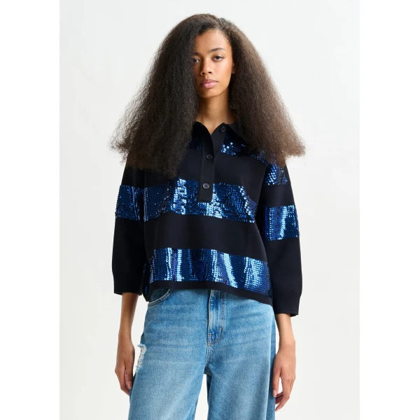 Essentiel Antwerp Navy and blue striped sequin-embellished polo Top, view 2