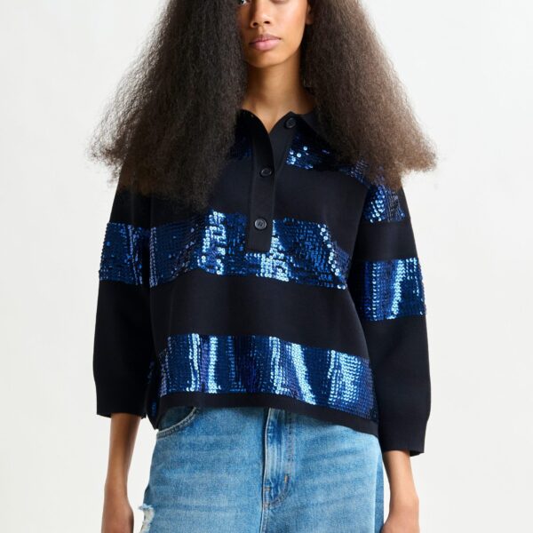 Essentiel Antwerp Navy and blue striped sequin-embellished polo - Essentiel Antwerp Tops - Colorful Belgian Design - Shop at Coveti