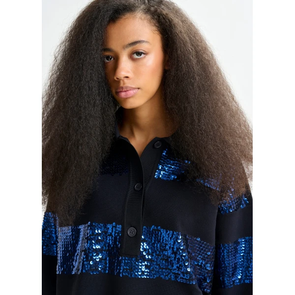 Essentiel Antwerp Navy and blue striped sequin-embellished polo Top, view 3