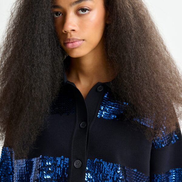 Essentiel Antwerp Navy and blue striped sequin-embellished polo - Essentiel Antwerp Tops - Colorful Belgian Design - Shop at Coveti