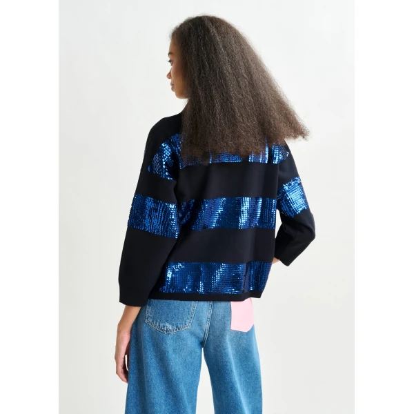 Essentiel Antwerp Navy and blue striped sequin-embellished polo Top, view 4