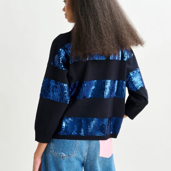 Essentiel Antwerp Navy and blue striped sequin-embellished polo - Essentiel Antwerp Tops - Colorful Belgian Design - Shop at Coveti