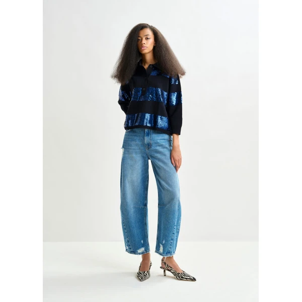 Essentiel Antwerp Navy and blue striped sequin-embellished polo Top, view 5