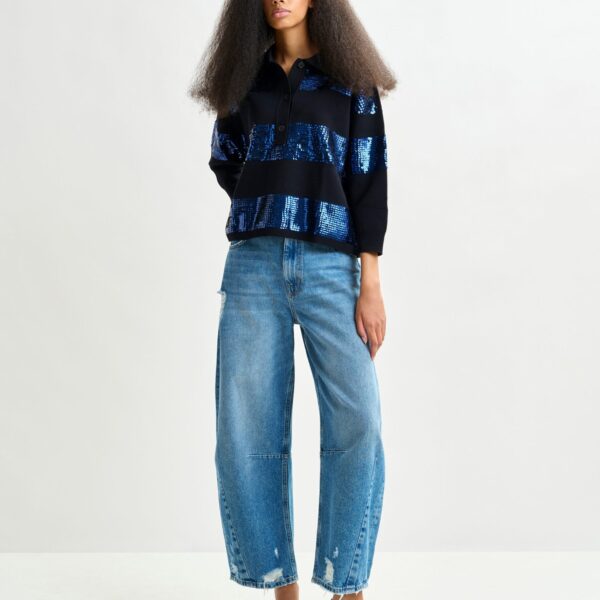 Essentiel Antwerp Navy and blue striped sequin-embellished polo - Essentiel Antwerp Tops - Colorful Belgian Design - Shop at Coveti