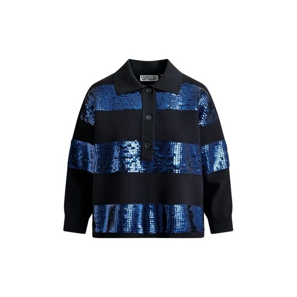 Essentiel Antwerp Navy and blue striped sequin-embellished polo - Essentiel Antwerp Tops - Colorful Belgian Design - Shop at Coveti