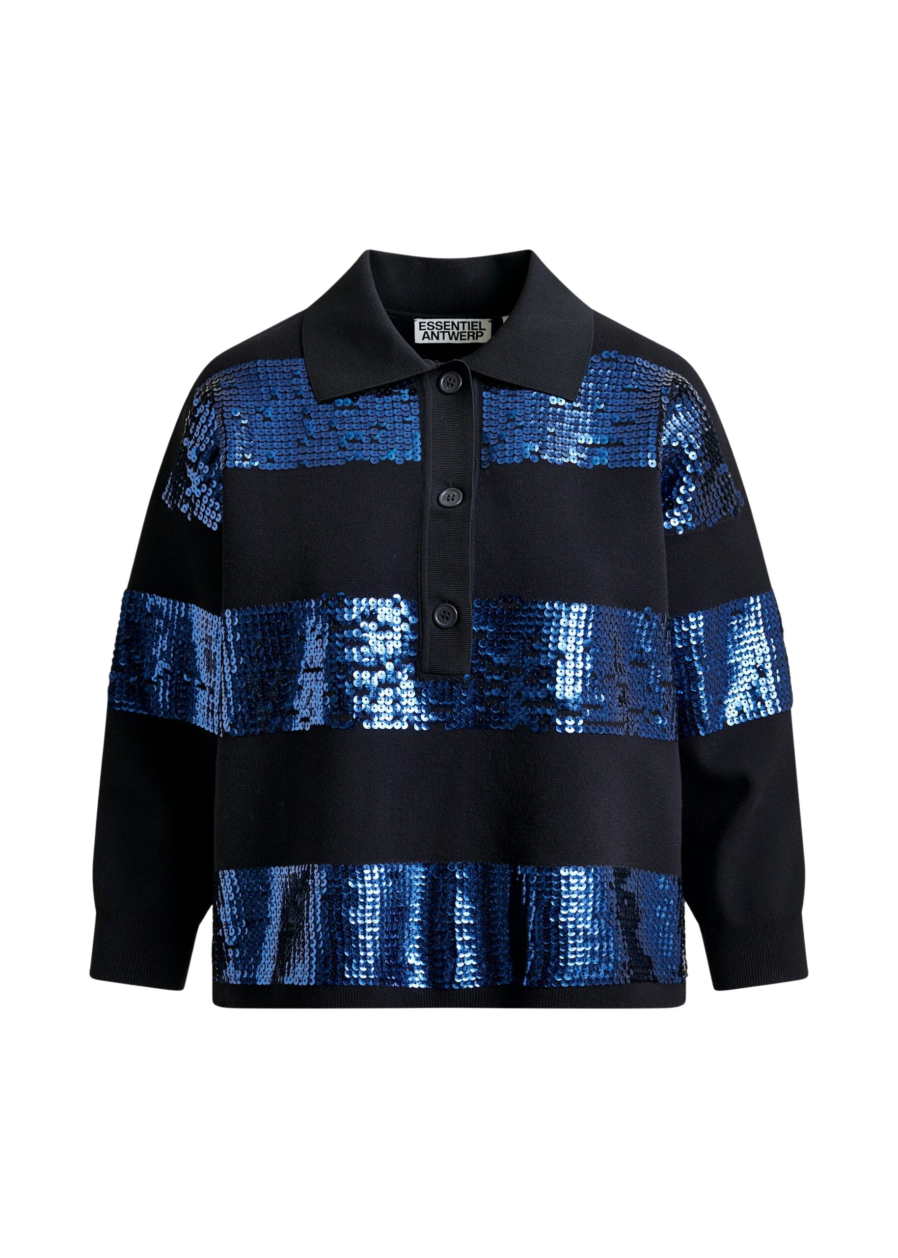 Essentiel Antwerp Navy and blue striped sequin-embellished polo - Essentiel Antwerp Tops - Colorful Belgian Design - Shop at Coveti