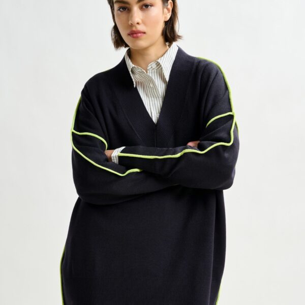 Essentiel Antwerp Navy and green oversized V-neck knit sweater with contrast stripe - Essentiel Antwerp Knitwear - Colorful Belgian Design - Shop at Coveti