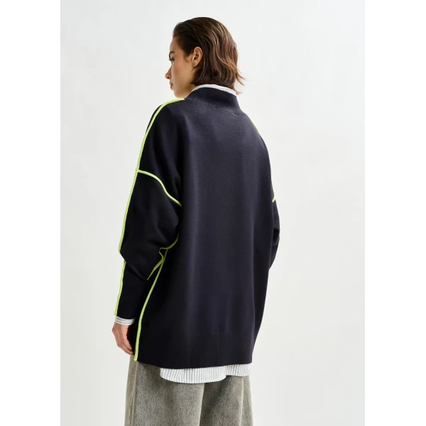 Essentiel Antwerp Navy and green oversized V-neck knit sweater with contrast stripe, view 3