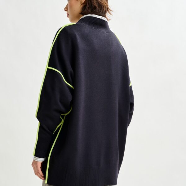 Essentiel Antwerp Navy and green oversized V-neck knit sweater with contrast stripe - Essentiel Antwerp Knitwear - Colorful Belgian Design - Shop at Coveti